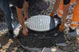 bouche de tout à l'égout en train d'être scellée dans le sol par deux ouvriers