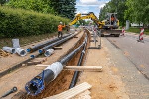 ouvriers en train d'installer des tuyaux de réseau sur la voie public